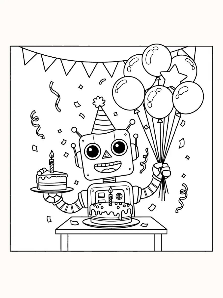 Fargelegg en robot på bursdagsfest med kake, ballonger og konfetti