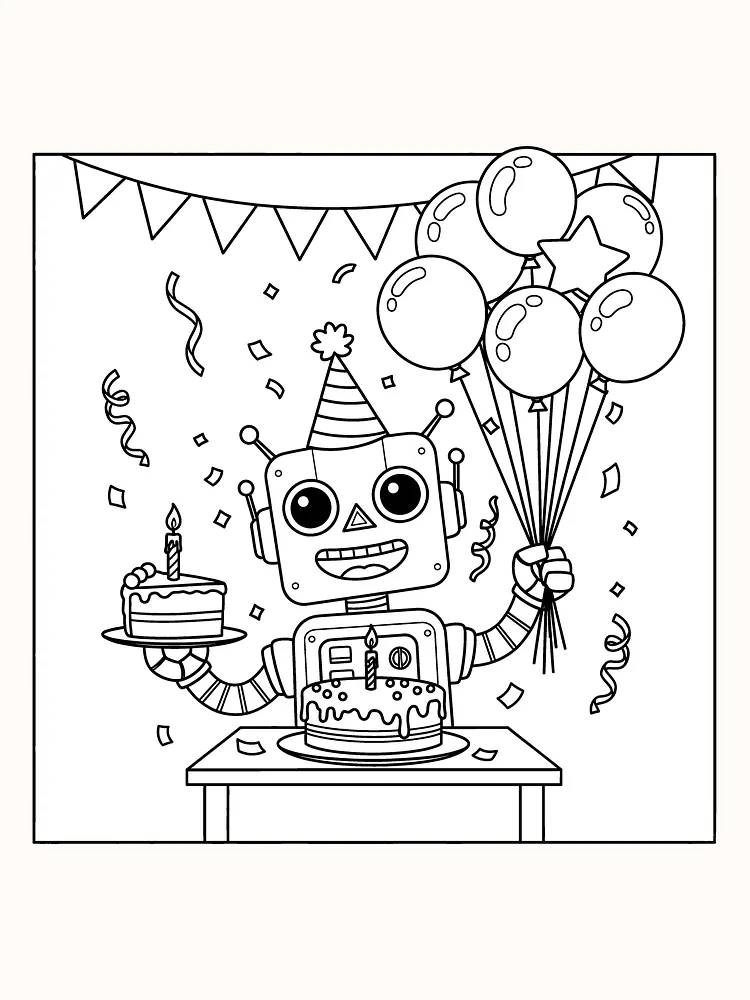 Fargelegg en robot på bursdagsfest med kake, ballonger og konfetti