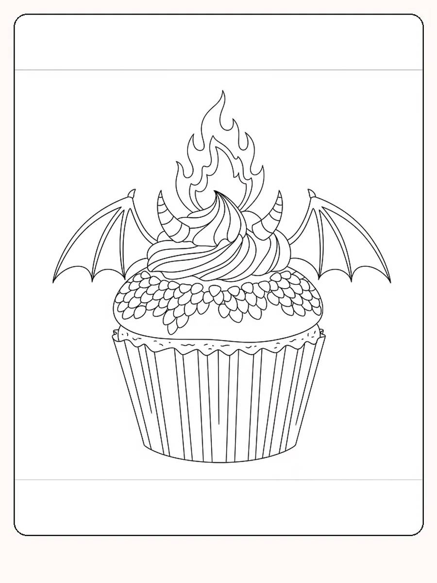 Fargeleggingsbilde av en cupcake med dragevinger og flamme, klart for utskrift og fargelegging