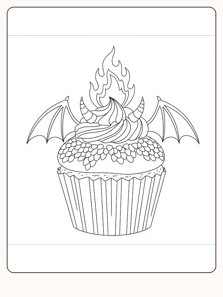 Fargeleggingsbilde av en cupcake med dragevinger og flamme, klart for utskrift og fargelegging