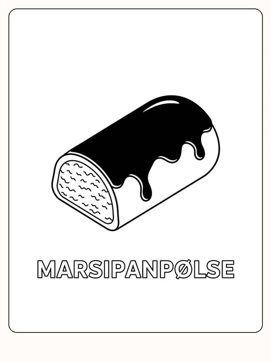 Fargeleggingstegning av en marsipanpølse med sjokoladetrekk, klar til utskrift