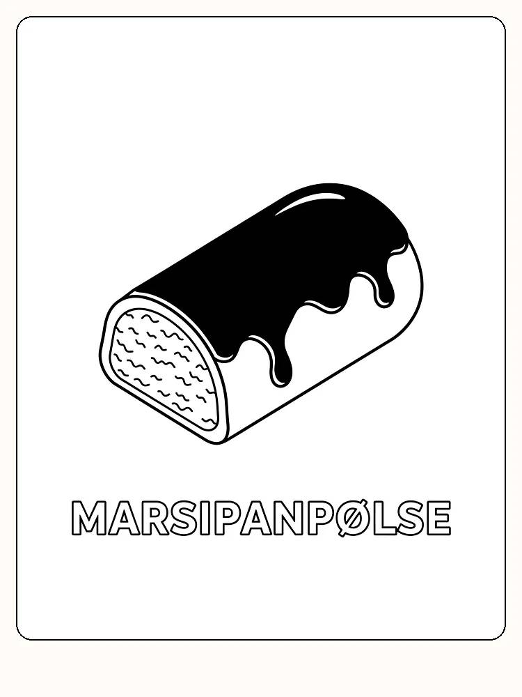 Fargeleggingstegning av en marsipanpølse med sjokoladetrekk, klar til utskrift
