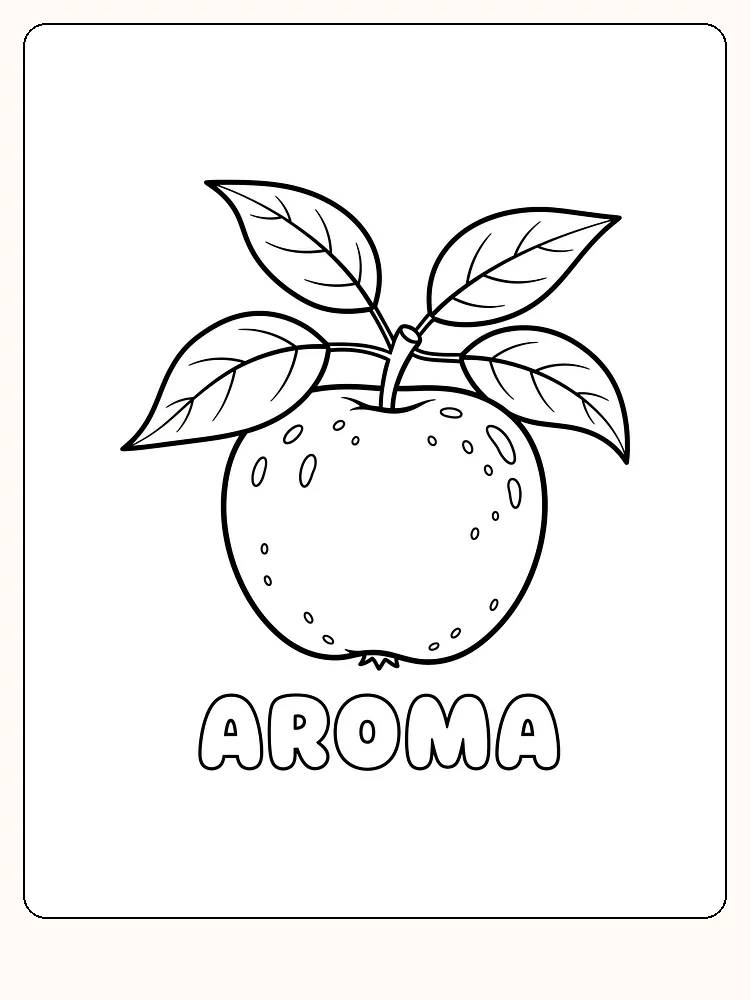 Tegning til farvelægning af et Aroma-æble med blade, klar til print