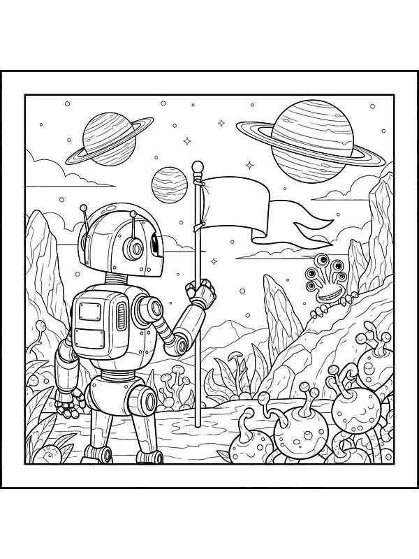 Robot med flag på fremmed planet