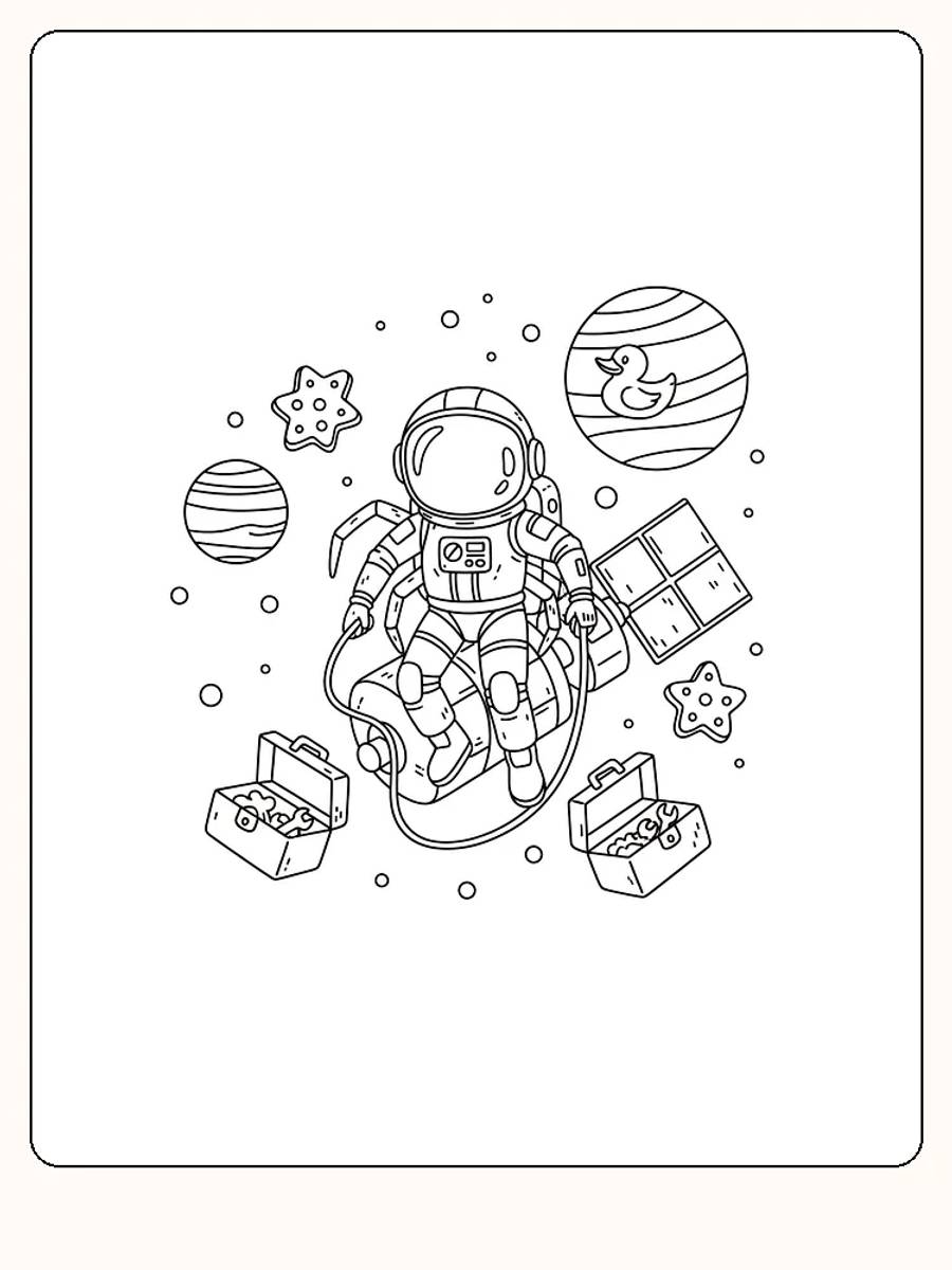 Tegning til farvelægning af astronaut omgivet af planeter og stjerner, klar til download