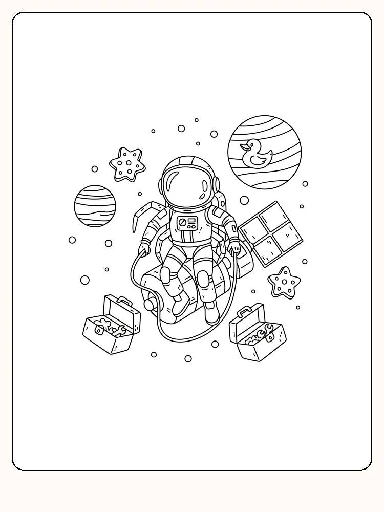 Tegning til farvelægning af astronaut omgivet af planeter og stjerner, klar til download