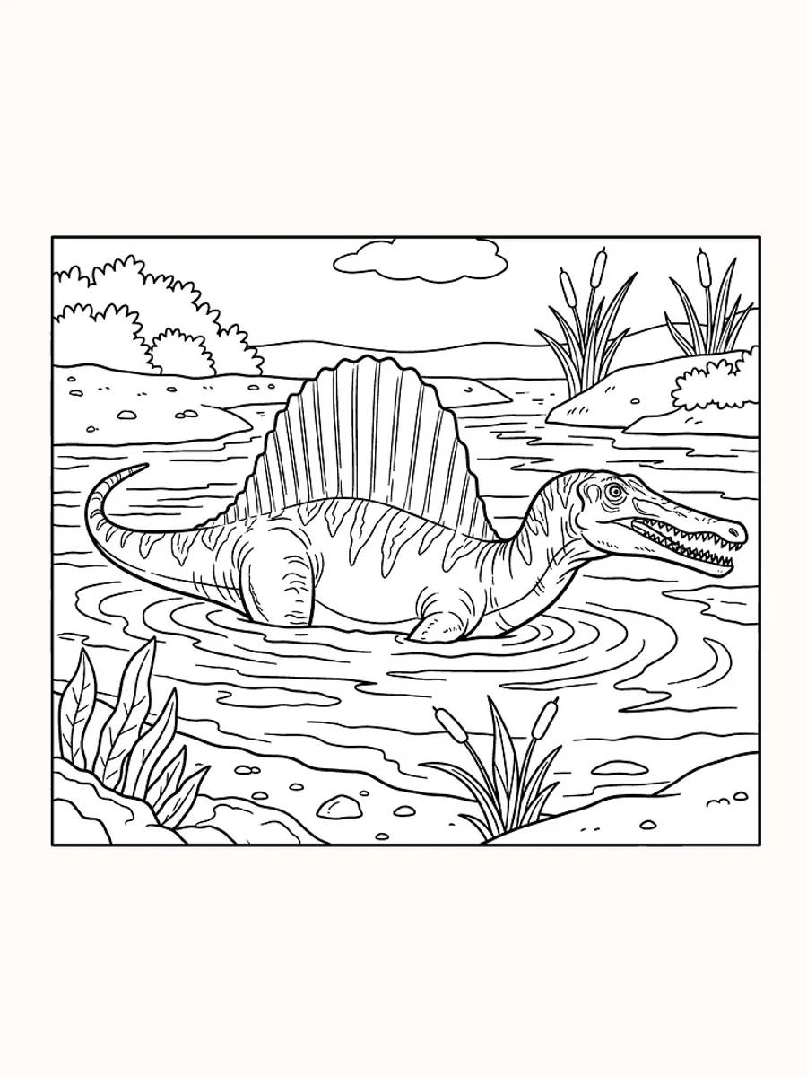 Fargeleggingstegning av en spinosaurus som går i vannet, klar for utskrift og moro