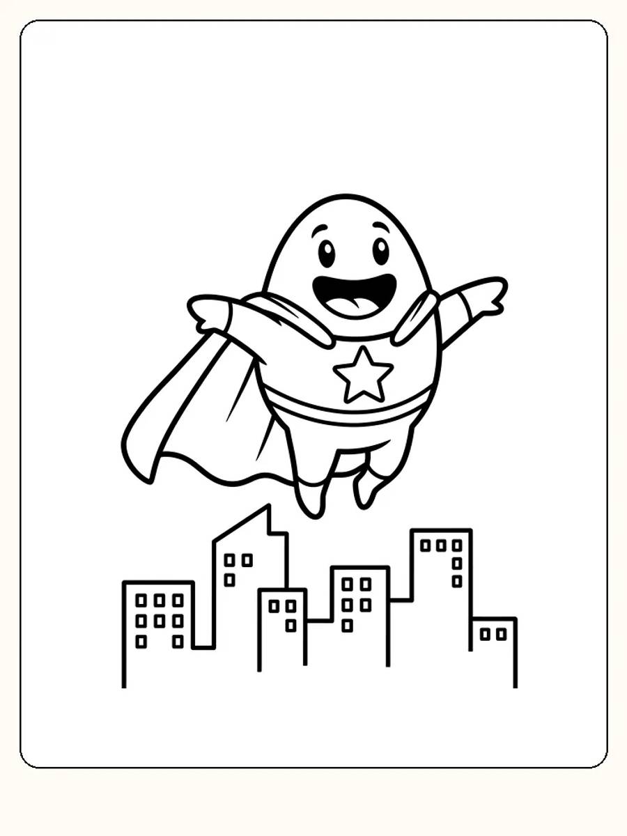Tegning til farvelægning af et smilende superhelteæg, der flyver over en by, klar til print