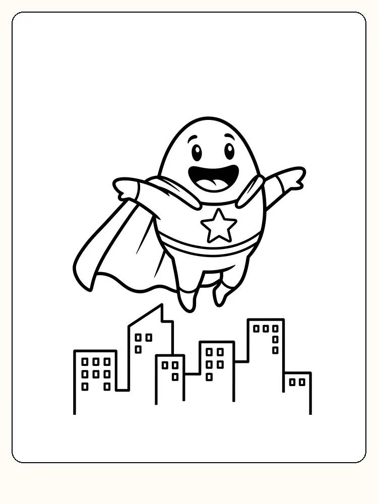 Tegning til farvelægning af et smilende superhelteæg, der flyver over en by, klar til print