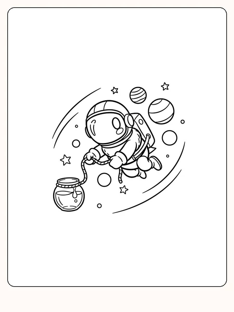 Fargeleggingsbilde av en astronaut som svever blant planeter, klar til å bli farget