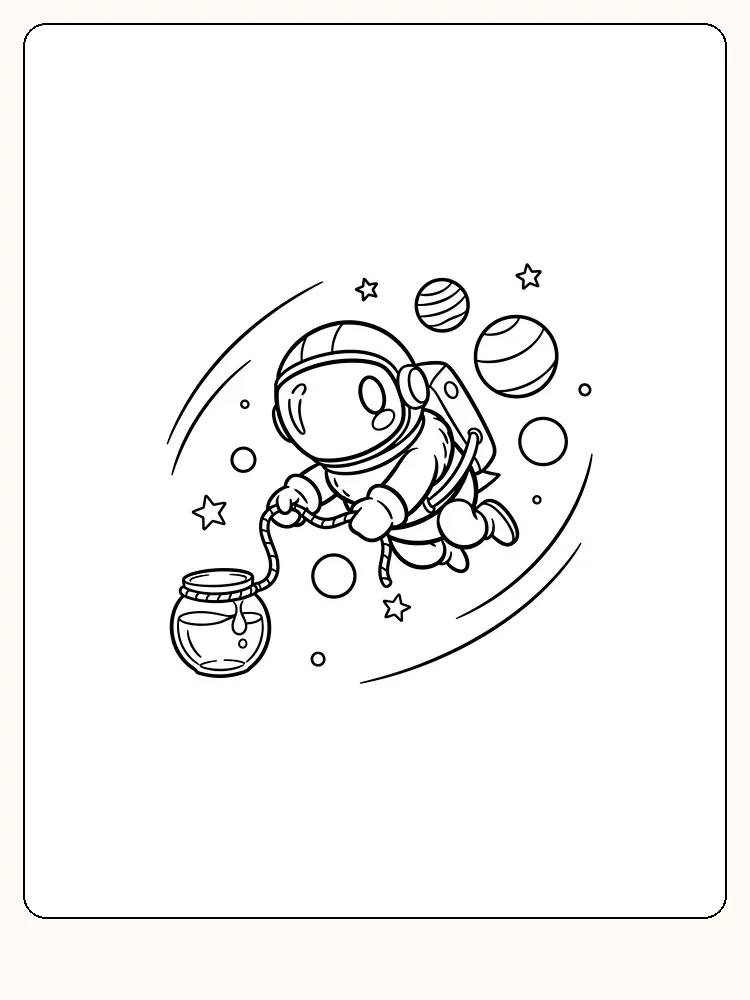 Fargeleggingsbilde av en astronaut som svever blant planeter, klar til å bli farget