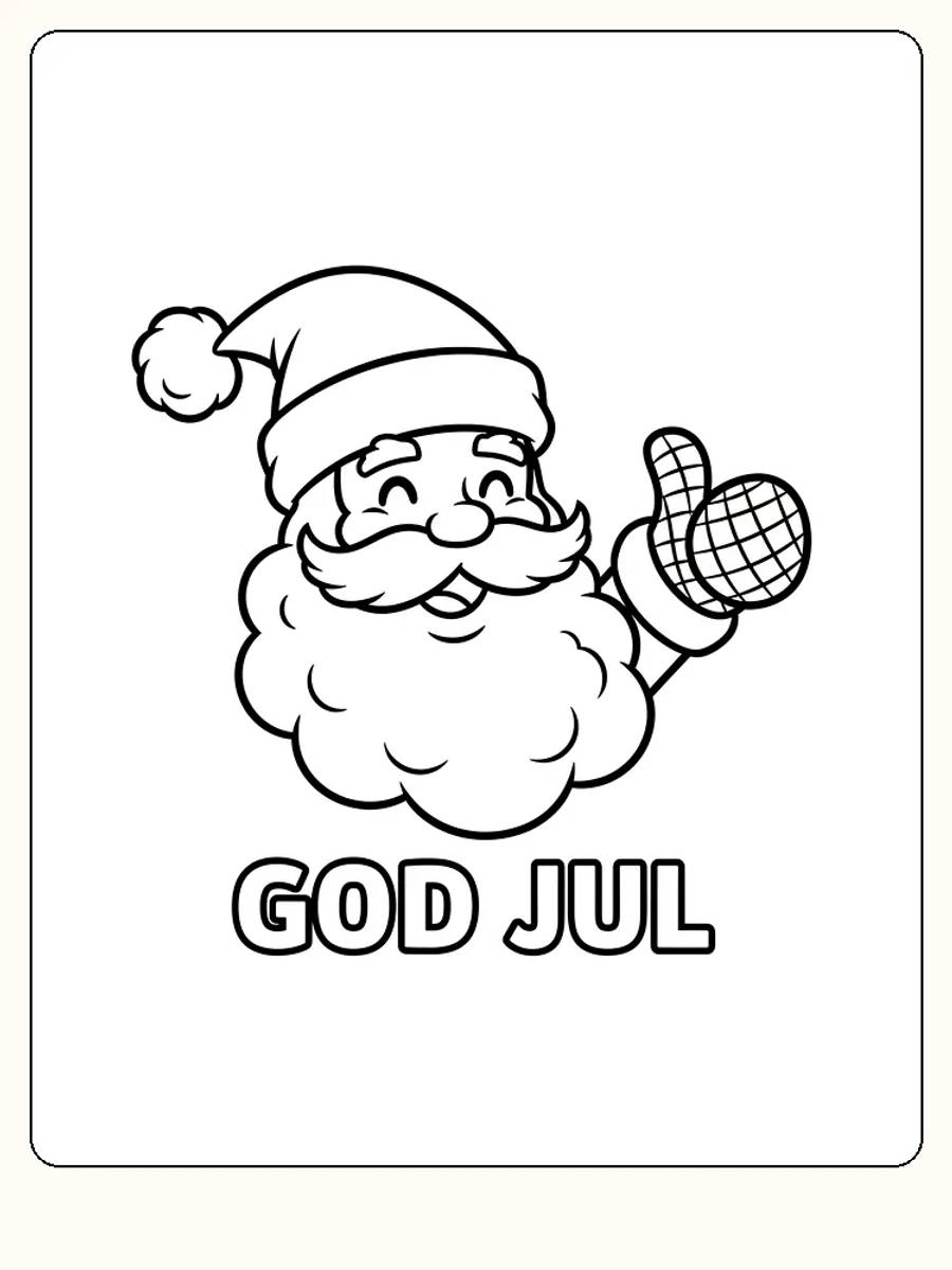 Fargeleggingsbilde av julenissen som sier god jul med tommel opp, for nedlasting