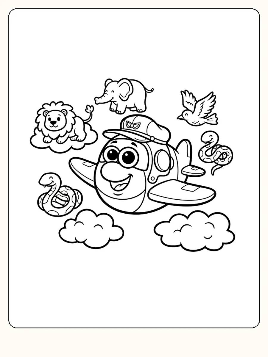 Målarbild av ett leende flygplan med djur runt omkring, som elefant, lejon och fågel, redo för utskrift.