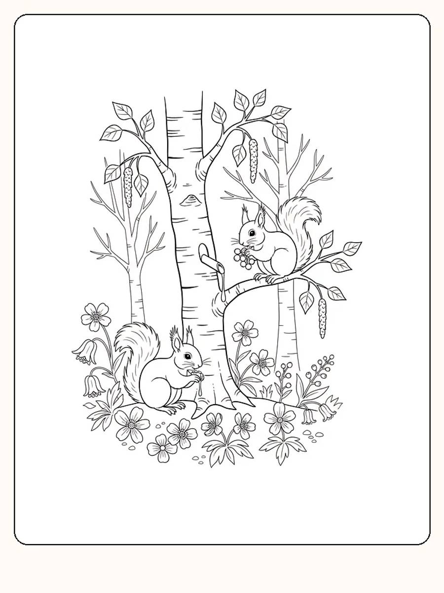 Fargeleggingstegning av to ekorn i skogen blant blomster, klar for utskrift