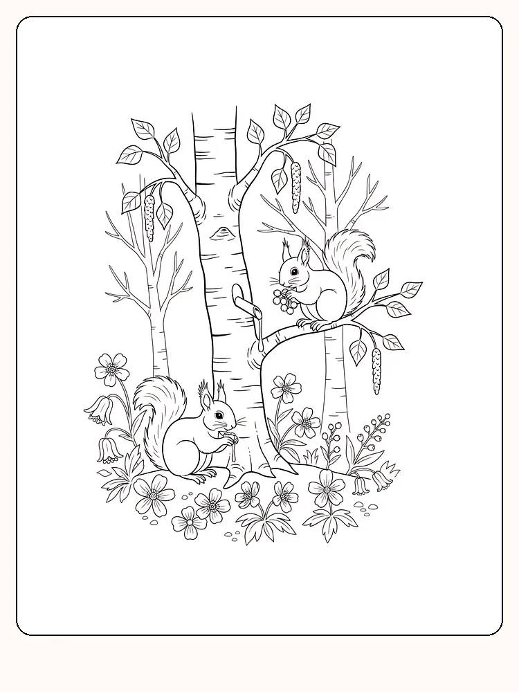 Fargeleggingstegning av to ekorn i skogen blant blomster, klar for utskrift