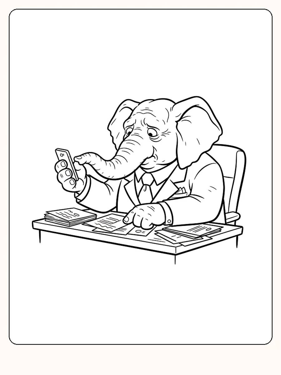 Fargeleggingstegning av en elefant i dress som holder en mobiltelefon