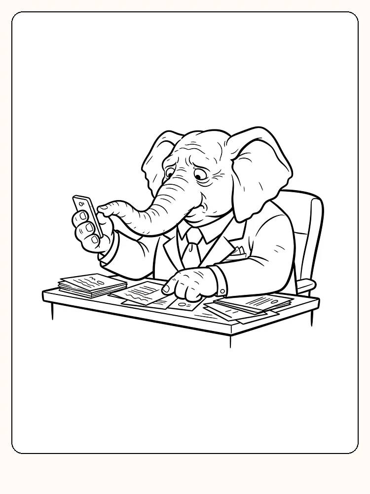 Fargeleggingstegning av en elefant i dress som holder en mobiltelefon
