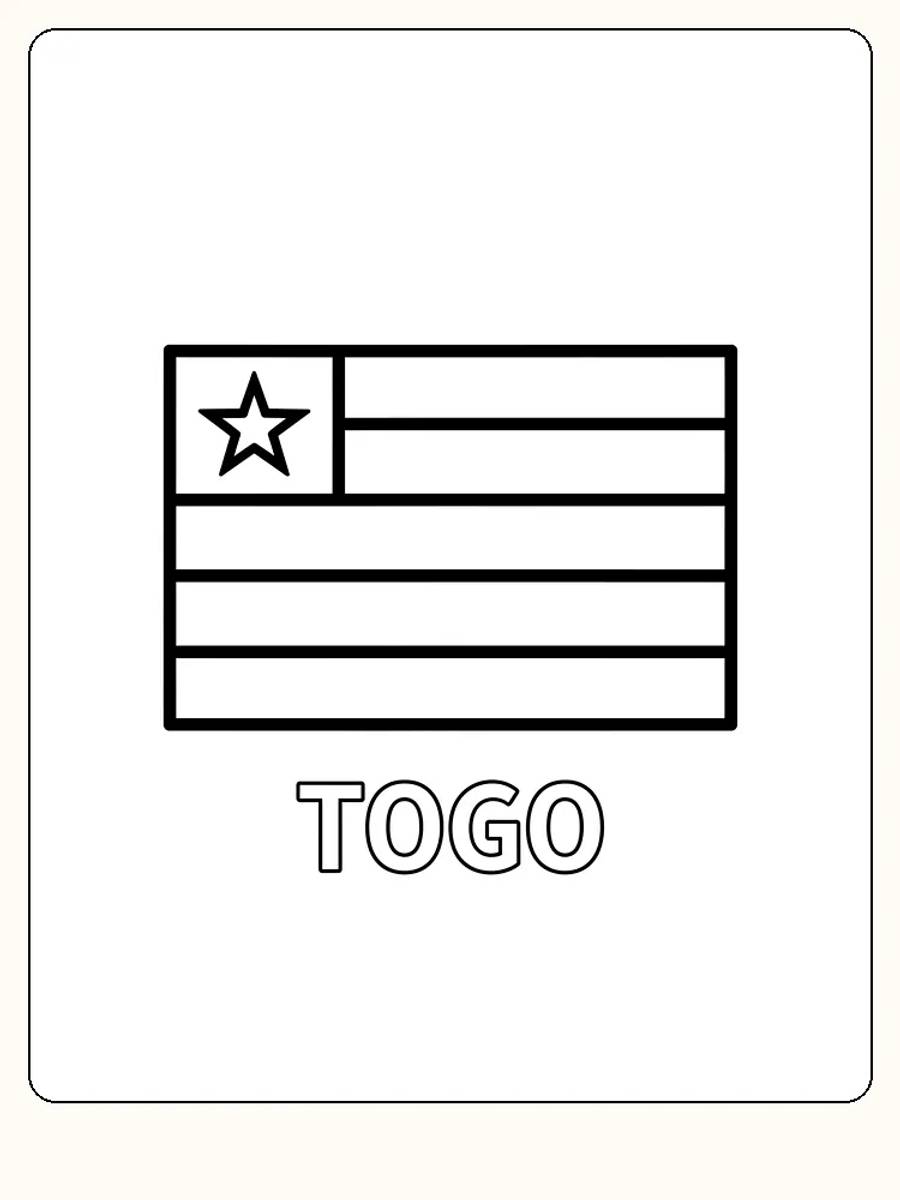 Togos Flagge mit roten, weißen, grünen und gelben Streifen sowie einem Stern, bereit zum Ausmalen.