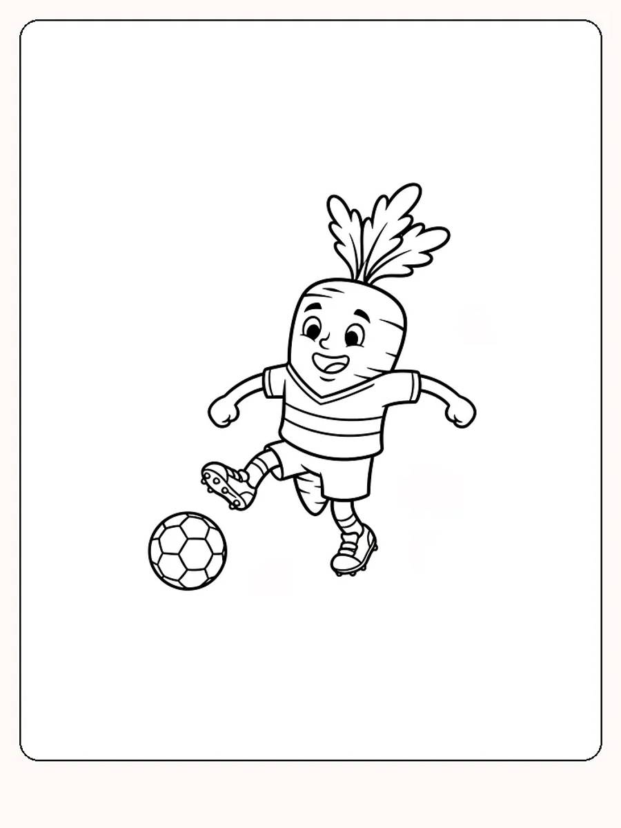 Tegning til farvelægning af en gulerodsfigur, der spiller fodbold, klar til print