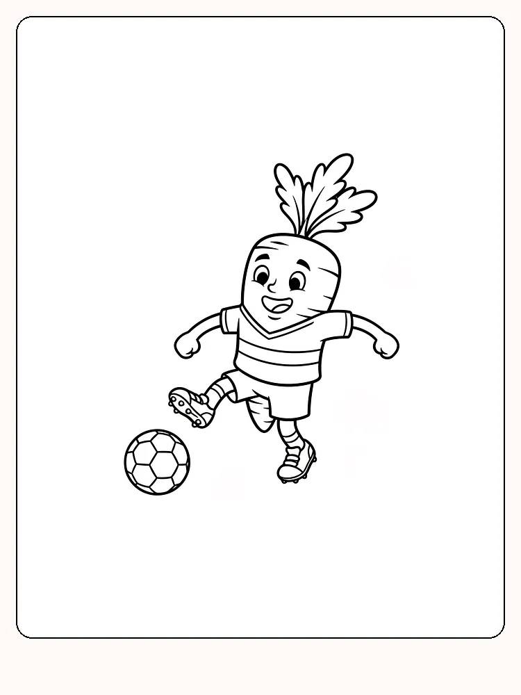 Tegning til farvelægning af en gulerodsfigur, der spiller fodbold, klar til print