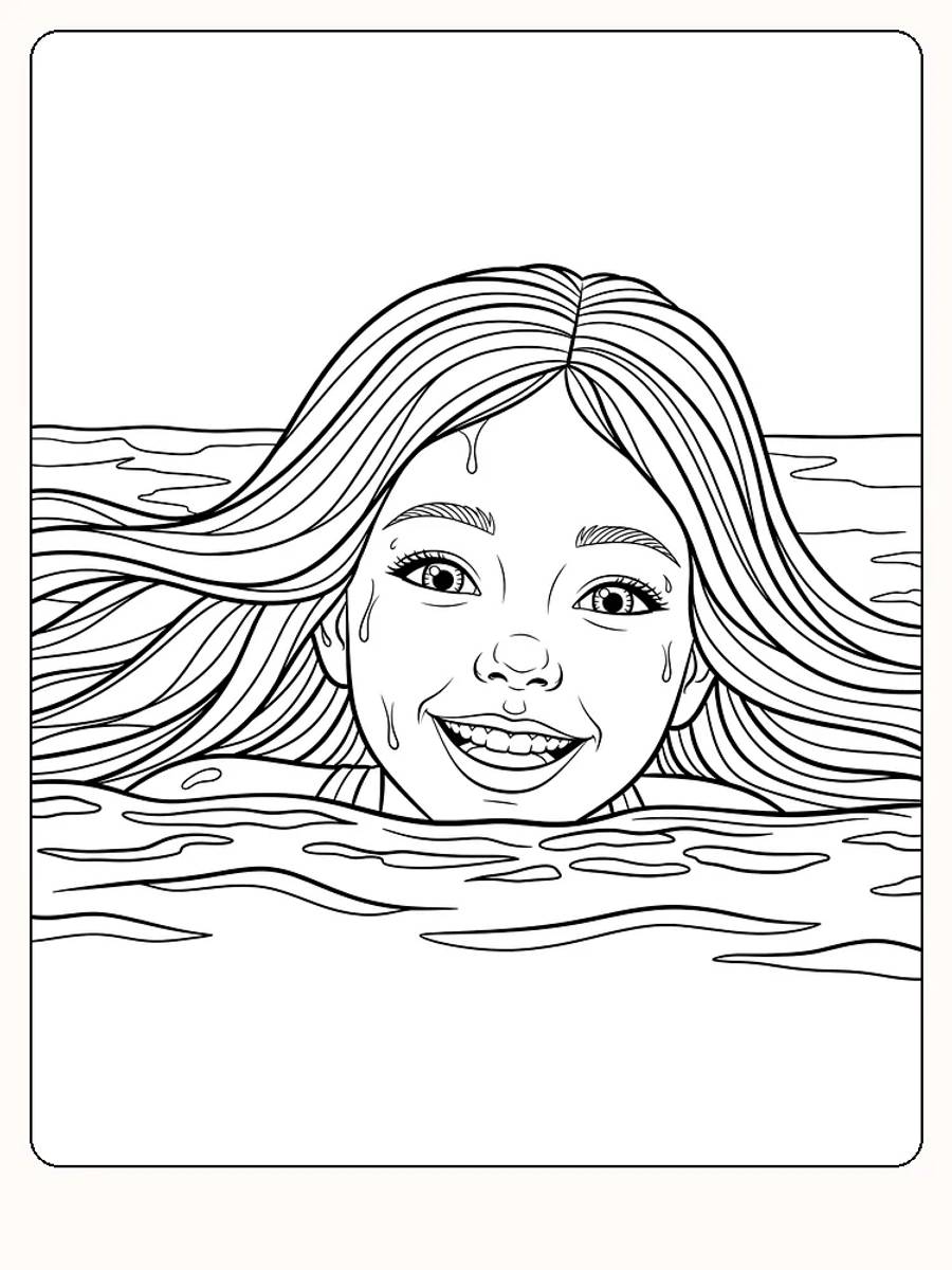 Glad pige, der bader med smil og langt hår i vandet, klar til farvelægning