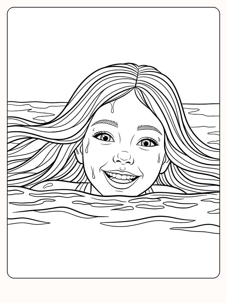 Glad pige, der bader med smil og langt hår i vandet, klar til farvelægning