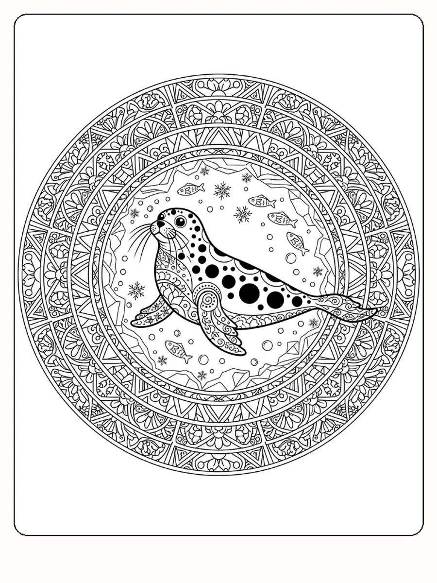 Detaljert fargeleggingsbilde av en sel i en kunstnerisk mandala, klar til utskrift
