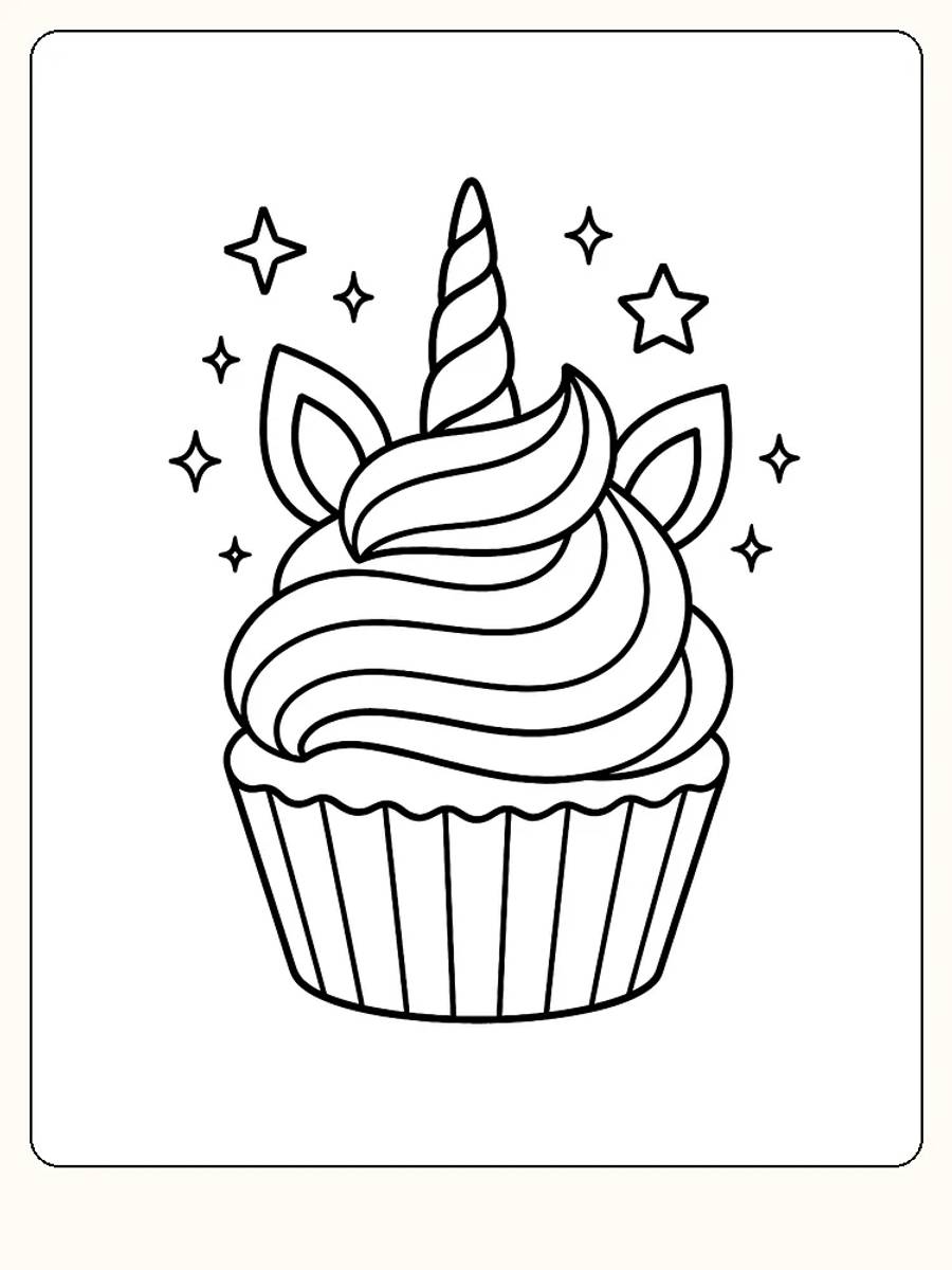 Fargeleggingsbilde av en cupcake med enhjørningstema og stjerner, perfekt for utskrift