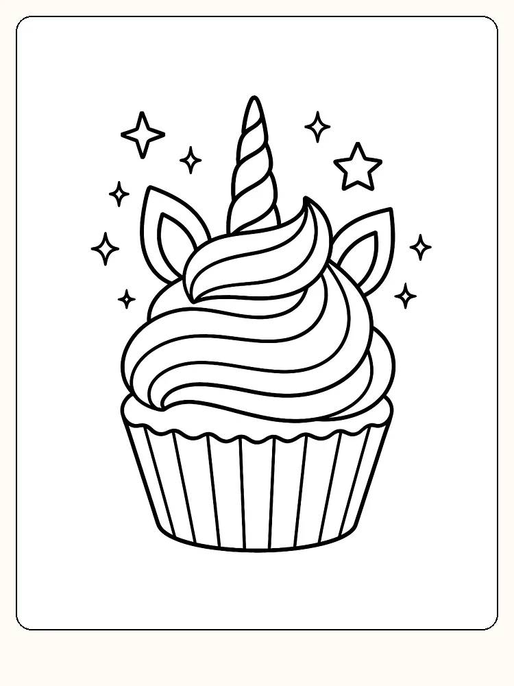 Fargeleggingsbilde av en cupcake med enhjørningstema og stjerner, perfekt for utskrift