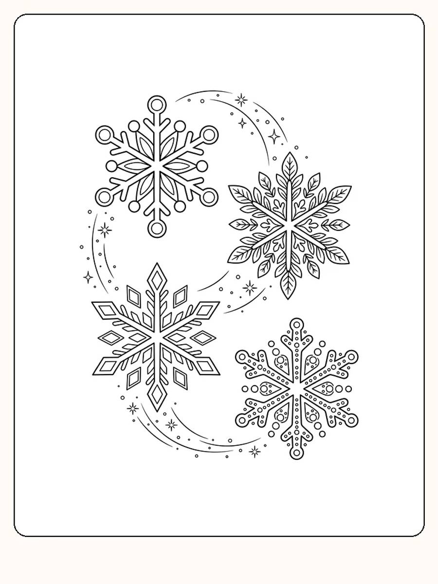 Quatre flocons de neige aux motifs différents qui tourbillonnent en arc vers le bas, avec de fines lignes de vent, des points et de petites étoiles entre eux