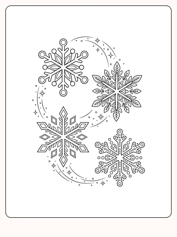 Quatre flocons de neige aux motifs différents qui tourbillonnent en arc vers le bas, avec de fines lignes de vent, des points et de petites étoiles entre eux