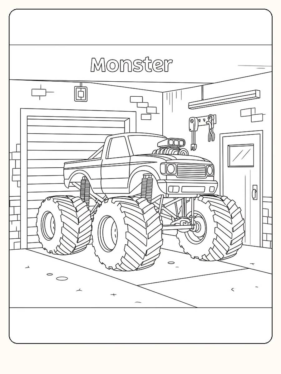 Fargeleggingstegning av en monstertruck i en garasje, klar for utskrift