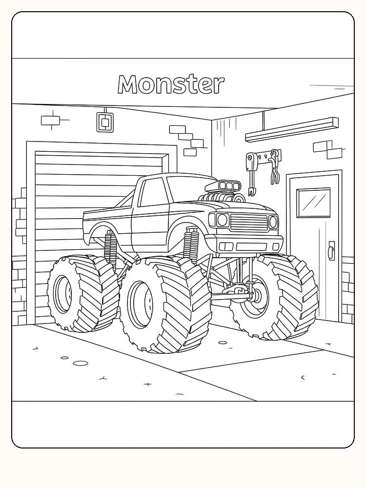 Fargeleggingstegning av en monstertruck i en garasje, klar for utskrift