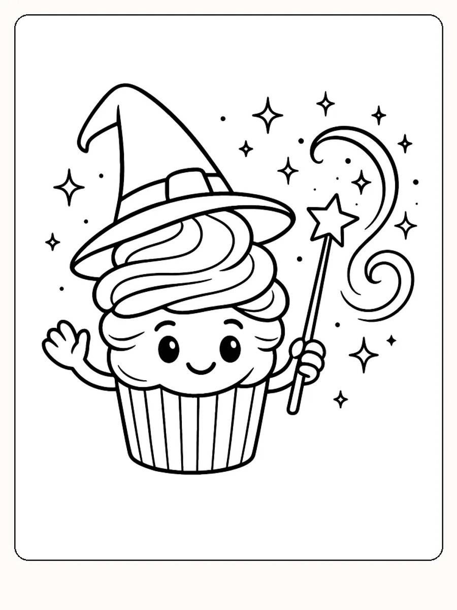 Fargeleggingsbilde av en munter muffins med flossehatt og tryllestav, omgitt av stjerner