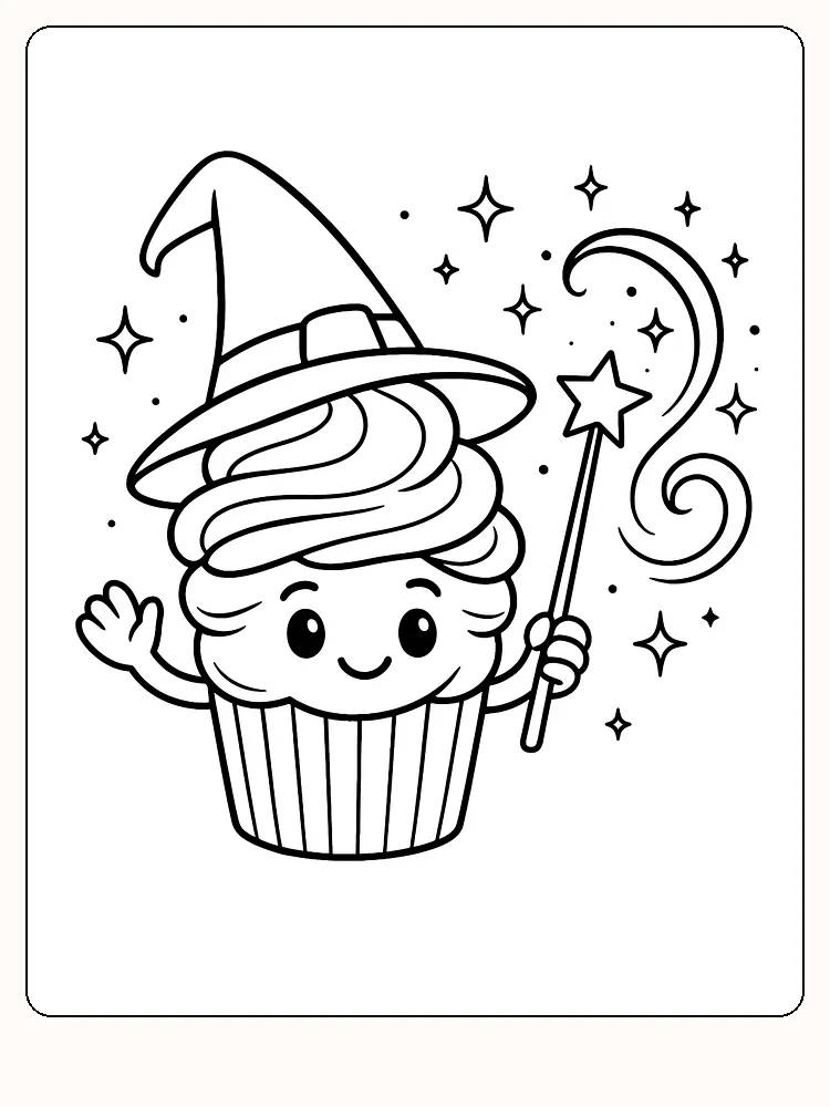 Fargeleggingsbilde av en munter muffins med flossehatt og tryllestav, omgitt av stjerner