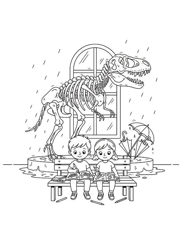 Børn tegner foran dinosaur