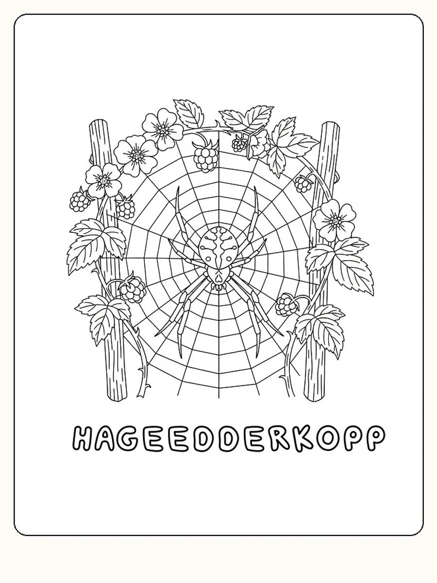 Edderkop i et spindelvæv, omgivet af blomster og bær, klar til farvelægning