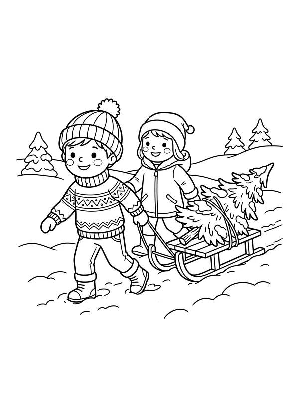 Børn, der trækker juletræ på kælk