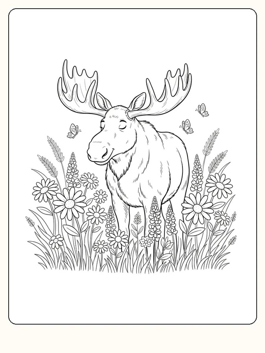 Tegning til farvelægning af en elg, der står blandt blomster, mens sommerfugle flagrer rundt om den