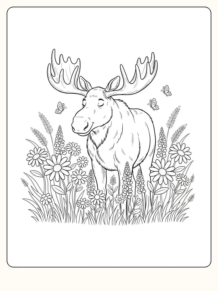 Tegning til farvelægning af en elg, der står blandt blomster, mens sommerfugle flagrer rundt om den