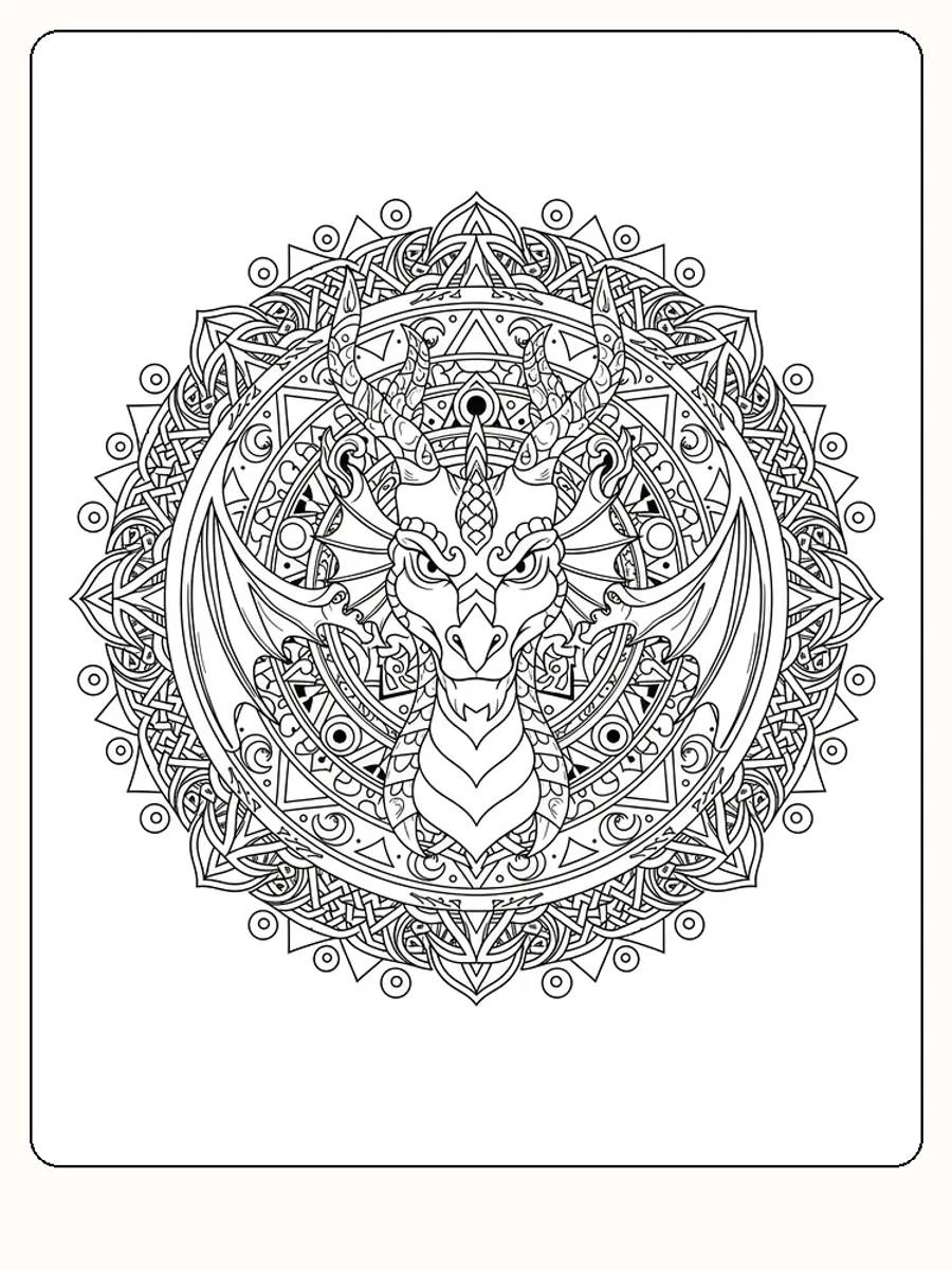 Intrikat drage og mandala design, klar for utskrift og fargelegging