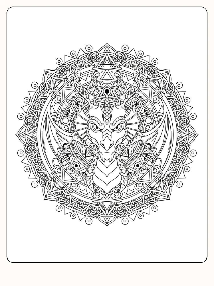 Intrikat drage og mandala design, klar for utskrift og fargelegging