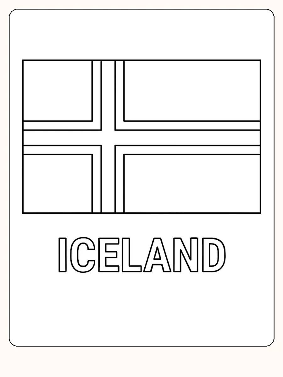 Alt-Text: Flagge Islands mit rotem, weißem und blauem nordischen Kreuz, bereit zum Ausmalen.