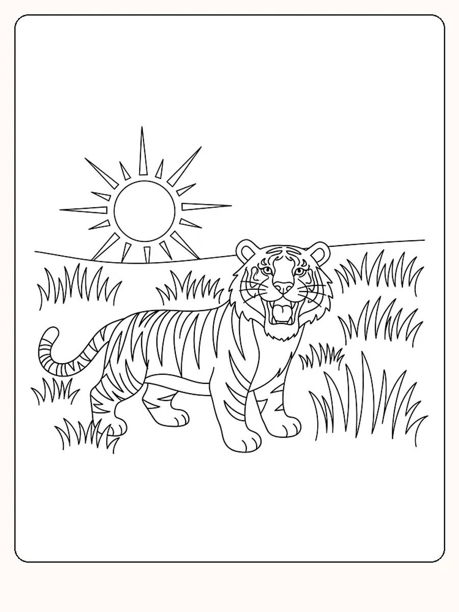Tegning til farvelægning af en tiger i junglen med en strålende sol i baggrunden, klar til print