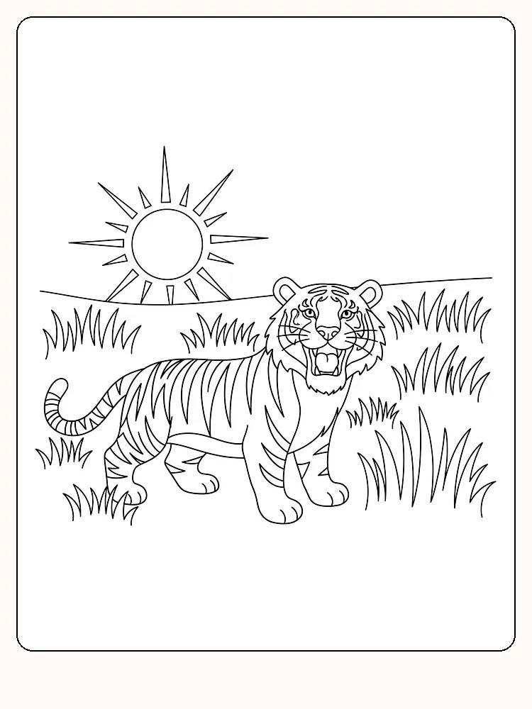 Tegning til farvelægning af en tiger i junglen med en strålende sol i baggrunden, klar til print