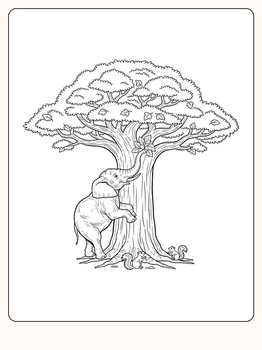 Tegning til farvelægning af en elefant, der rækker op mod et træ med egern rundt om, klar til farvelægning og print