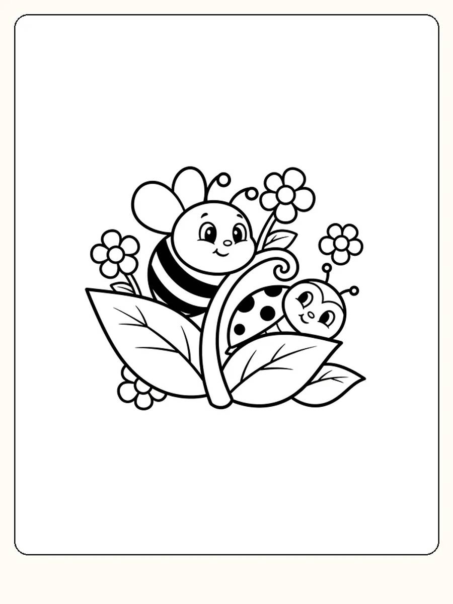 Fargeleggingstegning av en smilende bie og marihøne på blader med blomster, klar for utskrift