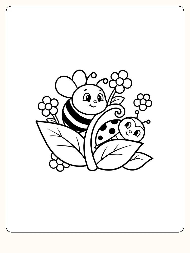 Fargeleggingstegning av en smilende bie og marihøne på blader med blomster, klar for utskrift