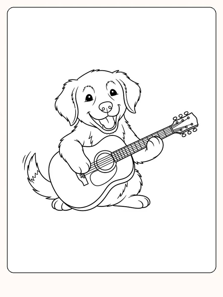 Fargeleggingsbilde av en glad hund som spiller gitar, klar for utskrift
