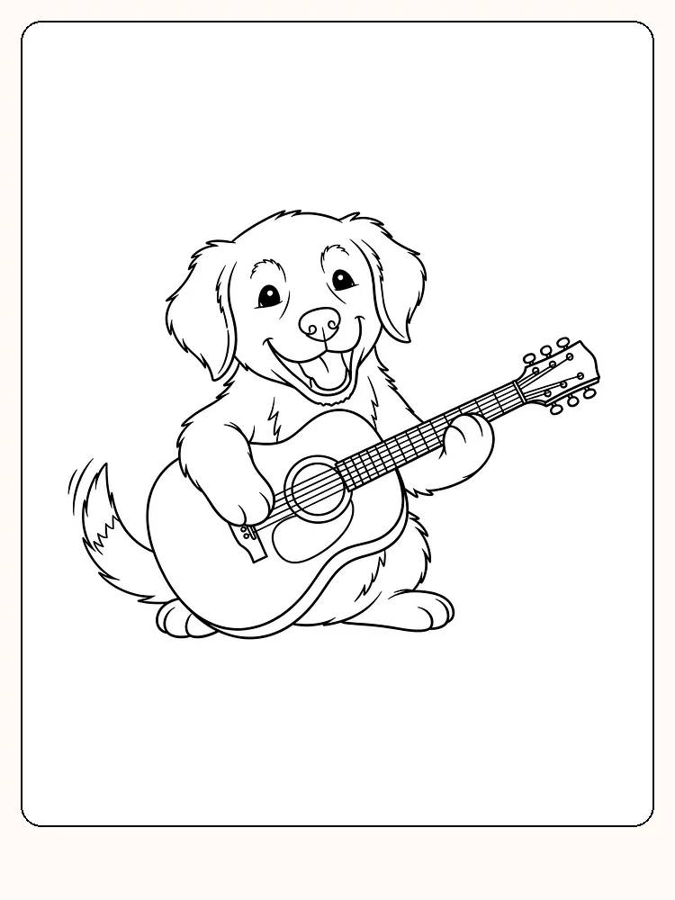 Fargeleggingsbilde av en glad hund som spiller gitar, klar for utskrift